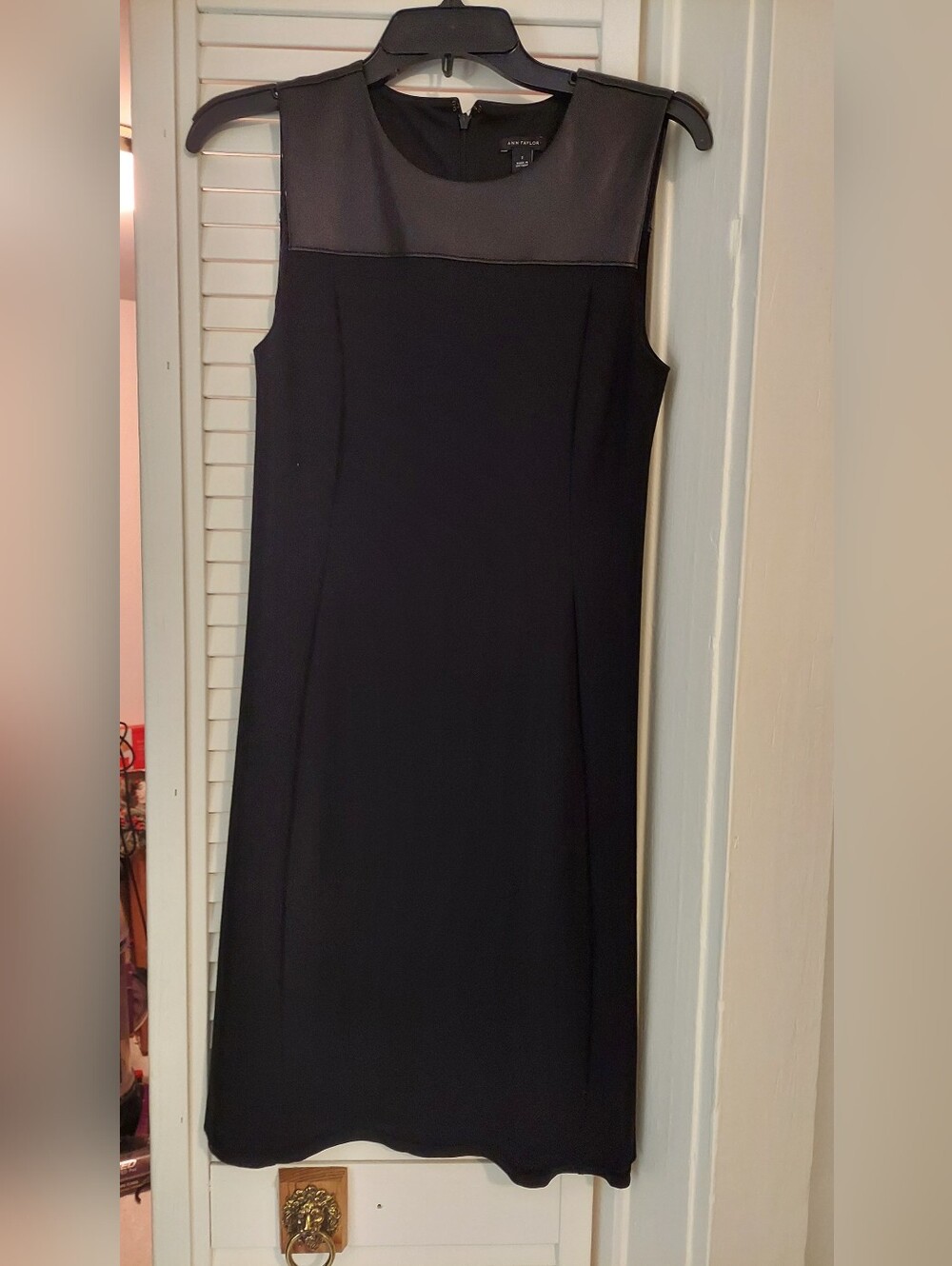 Ann Taylor Black Dress. Faux Leather Neck Line